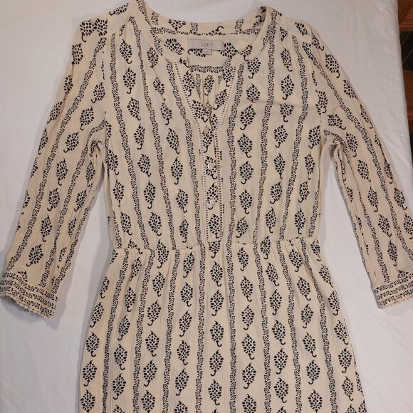 LOFT Dresses & Skirts - Loft Cream and Black Long Sleeve Half Button Down Boho Sheath Dress